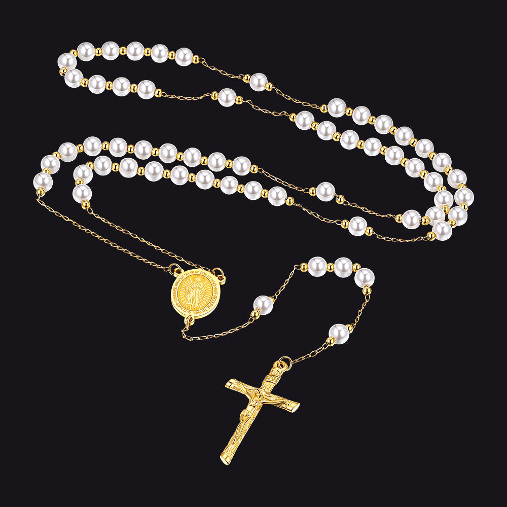 FaithHeart Rosary Beads Catholic Cross Necklace for Men Women