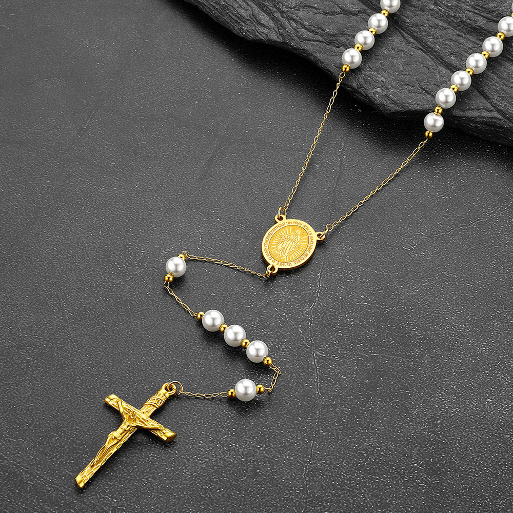 FaithHeart Rosary Beads Catholic Cross Necklace for Men Women