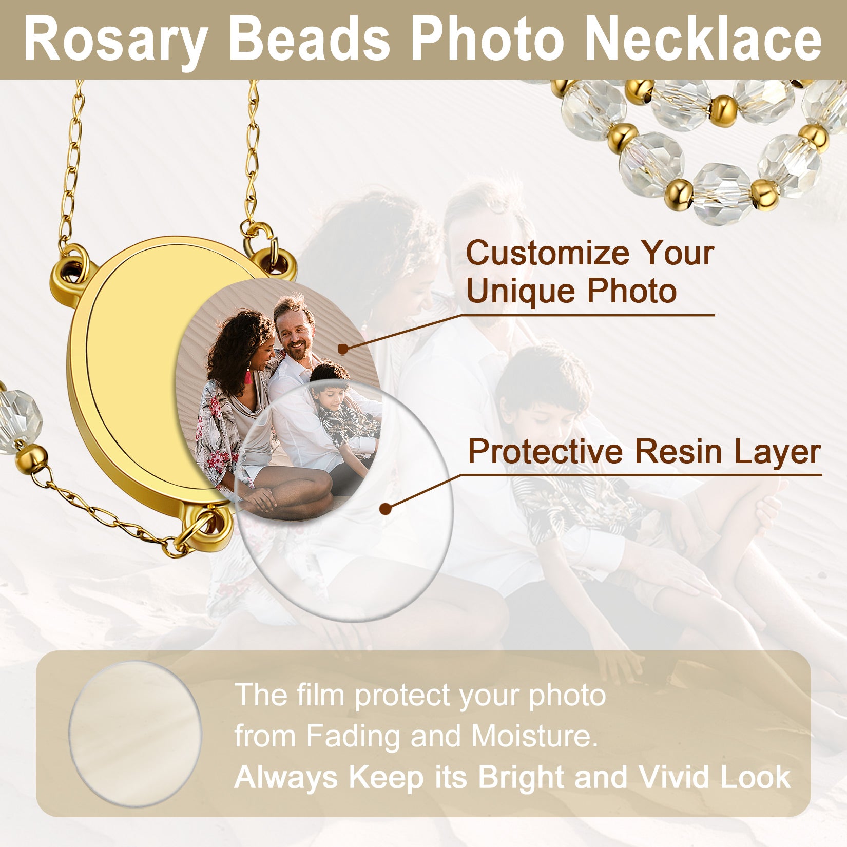 Personalized Photo Rosary Beads Cross Necklace With Picture for Women Men