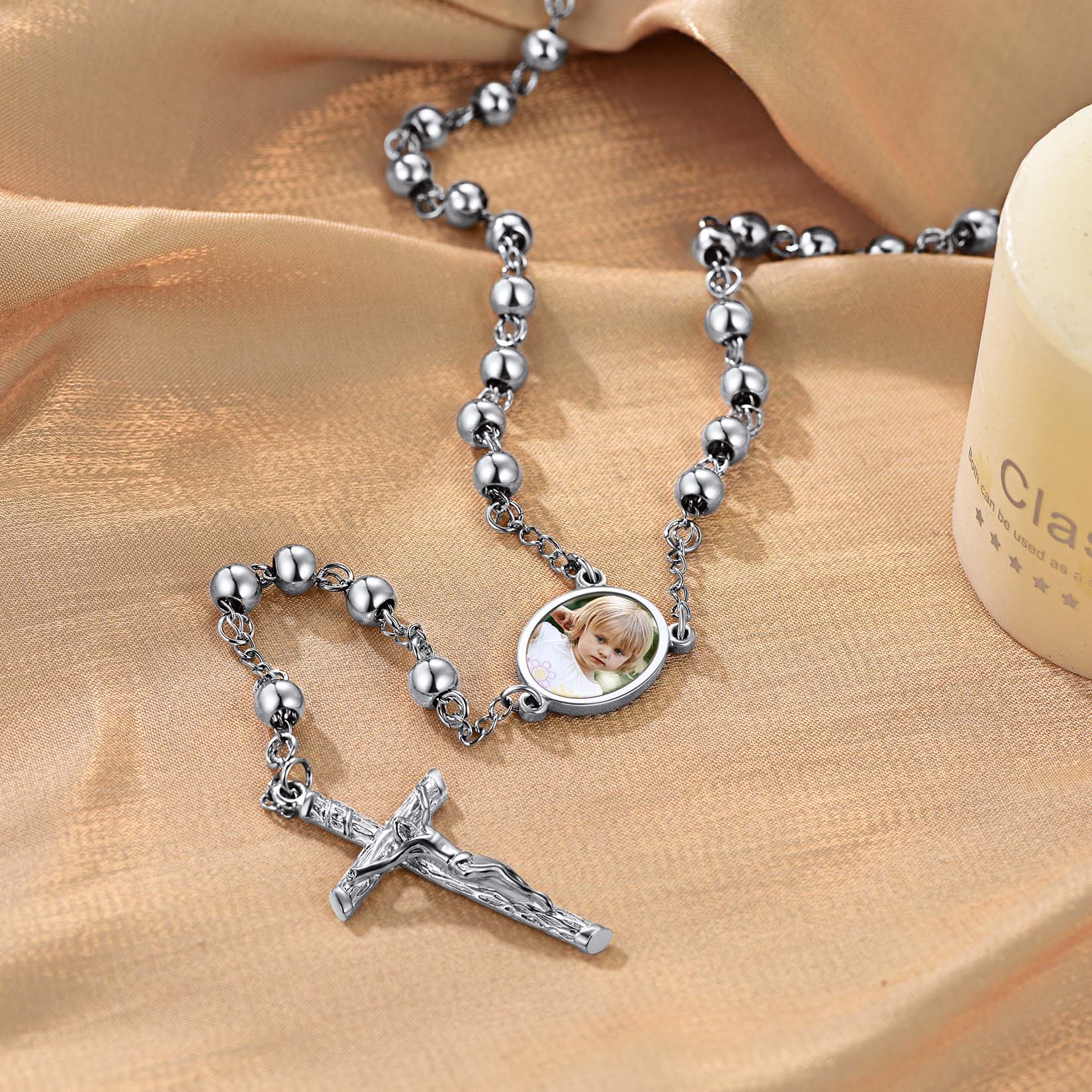 Customized Rosary Beads Cross Necklace with Picture for Women Men