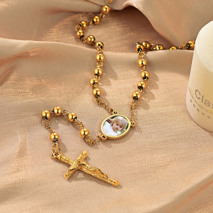 Customized Rosary Beads Cross Necklace with Picture for Women Men