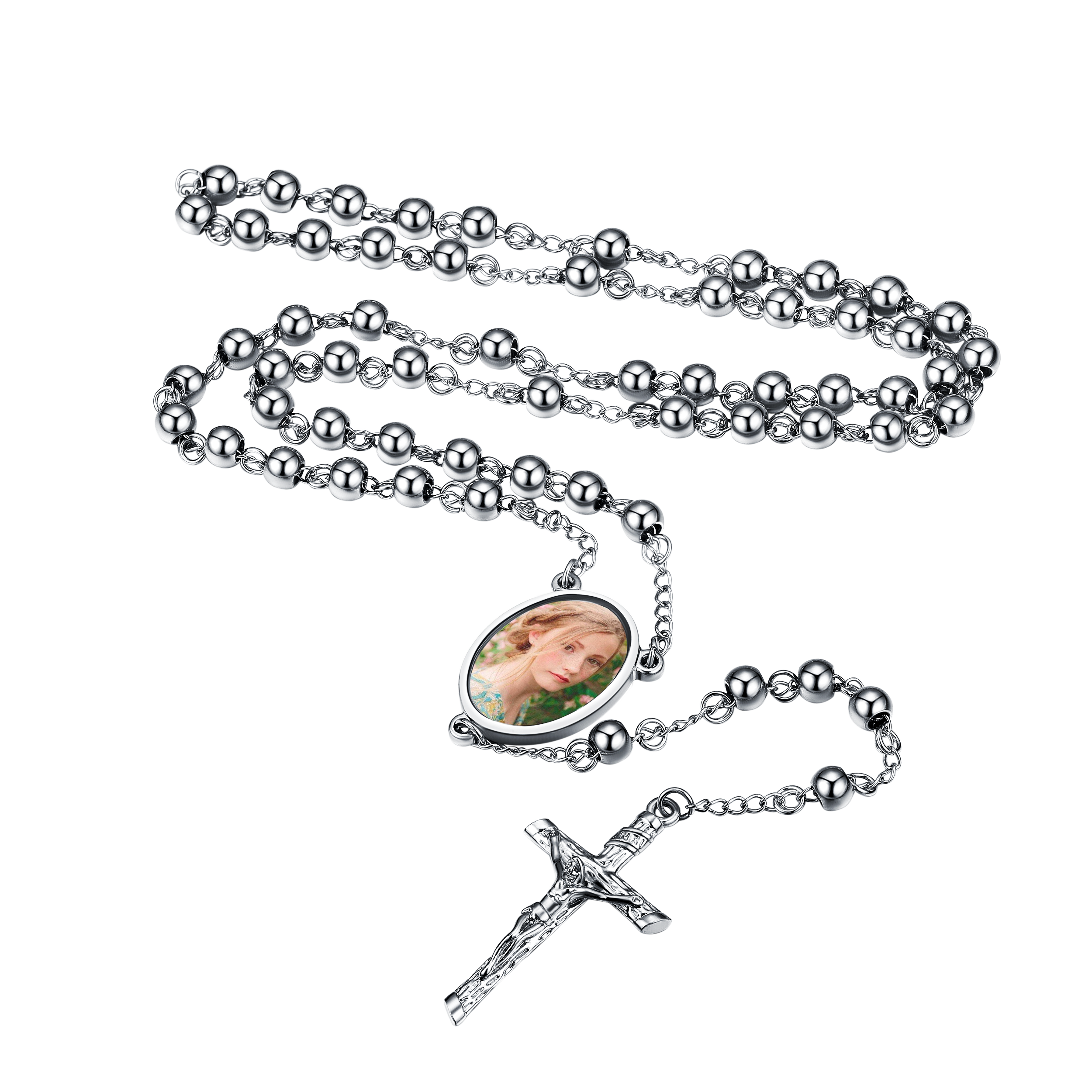 Customized Rosary Beads Cross Necklace with Picture for Women Men