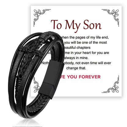 Christian Black Rose Cross Braided Leather Bracelet Gift for Men