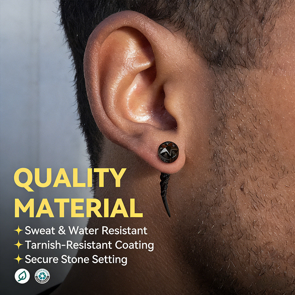 Close-up of an ear wearing a black earring with text about material quality.