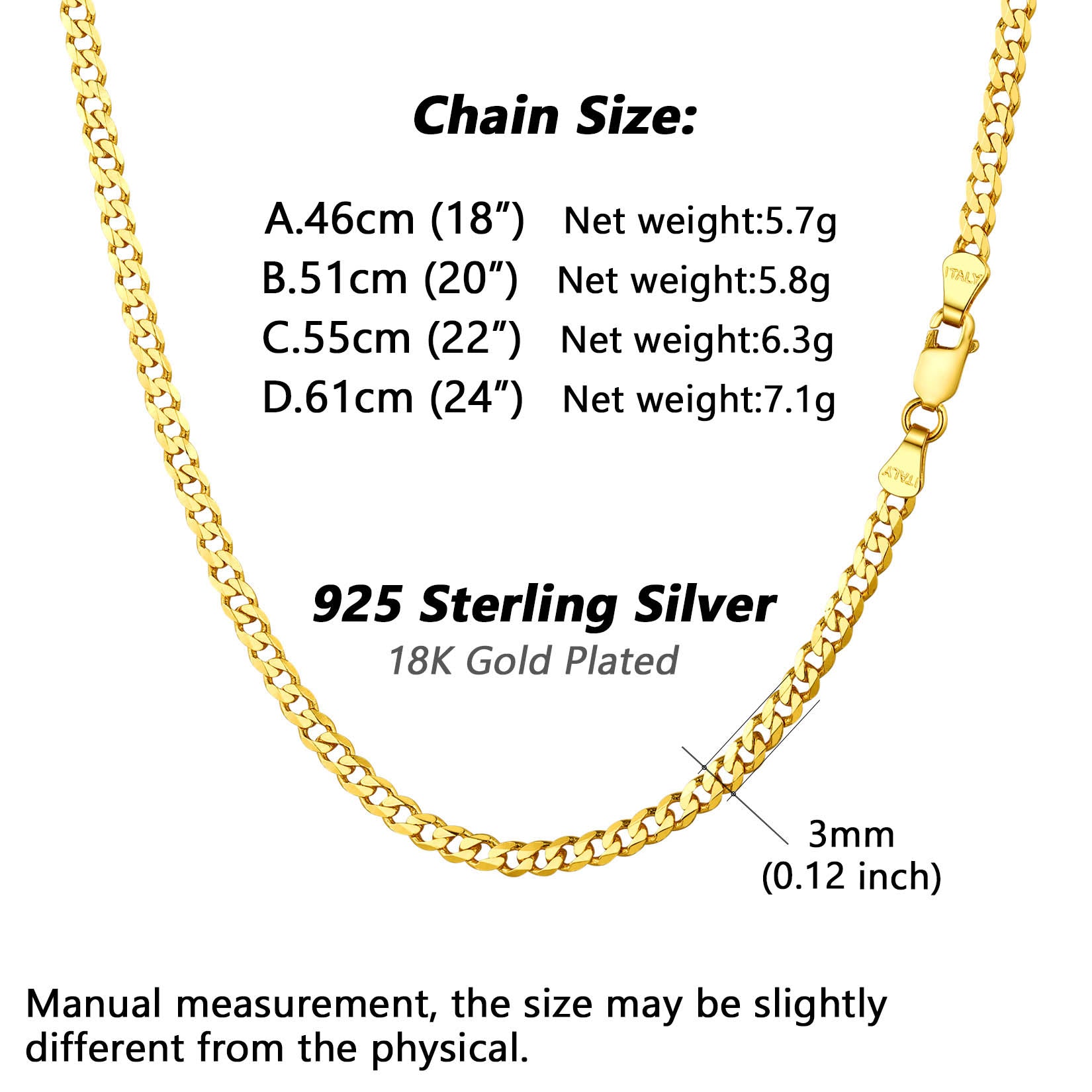 925 Sterling Silver Figaro Cuban Chain Link Necklace for Men