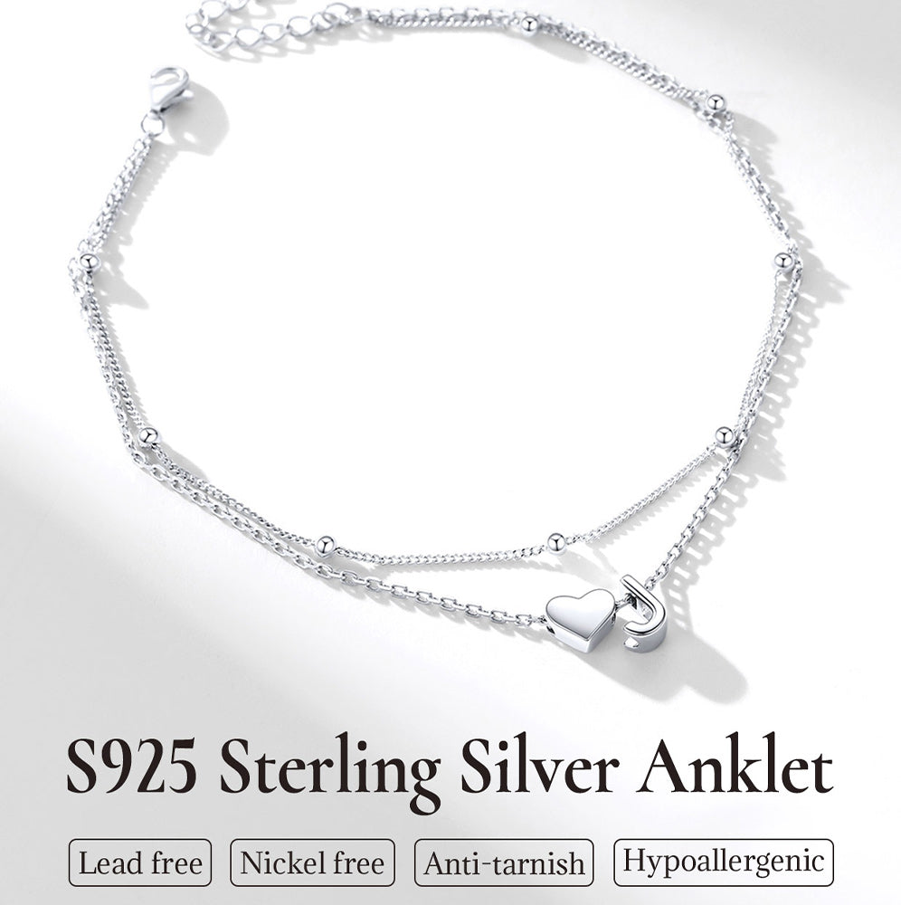   Sterling Silver Initial Heart Layered Anklet for Women