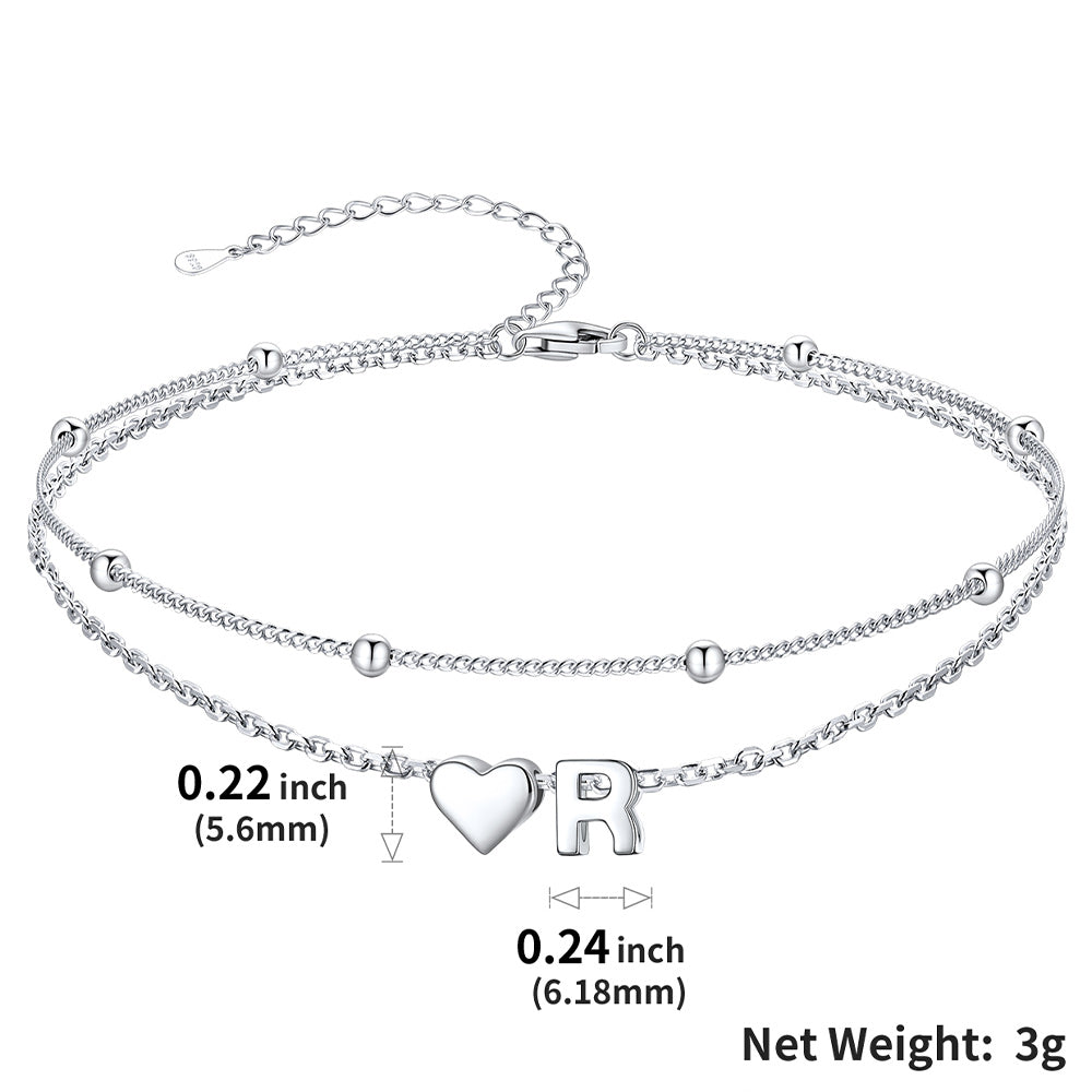   Sterling Silver Initial Heart Layered Anklet for Women