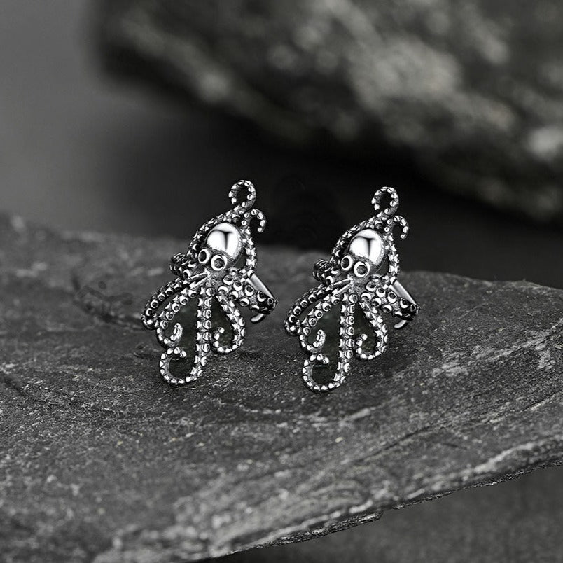 FaithHeart Sterling Silver Octopus Stud Earrings Gothic Vintage Cuff Earrings FaithHeart