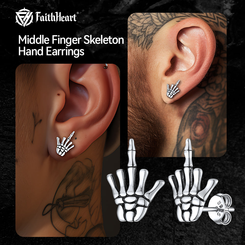 FaithHeart Punk Middle Finger Skeleton Hand Stud Earrings FaithHeart