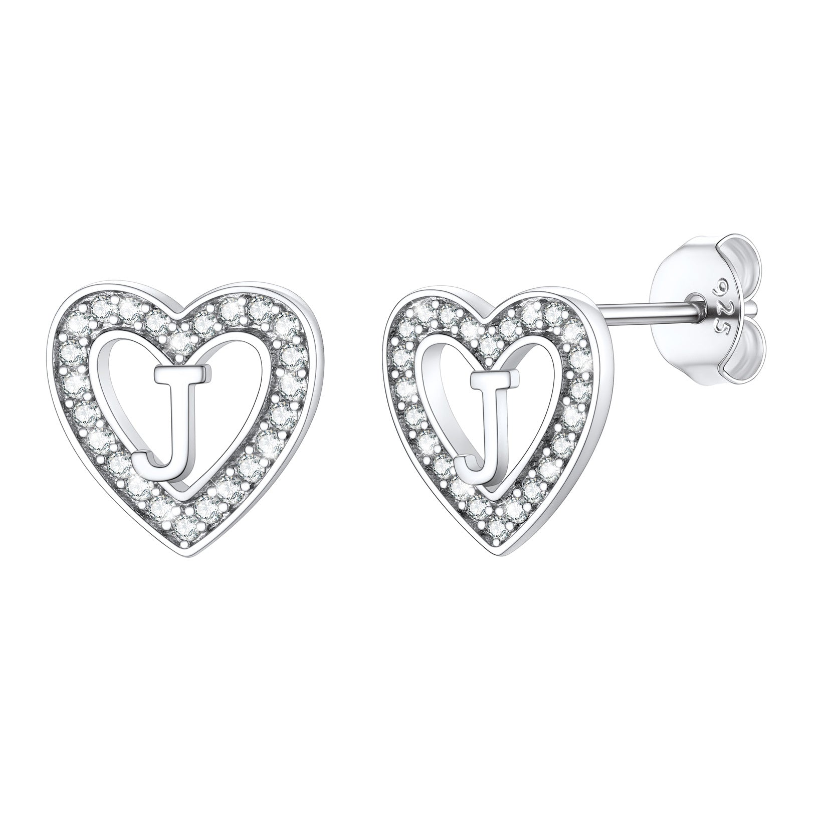 Silver Heart Initial Letter Stud Cubic Zirconia Earrings for Women