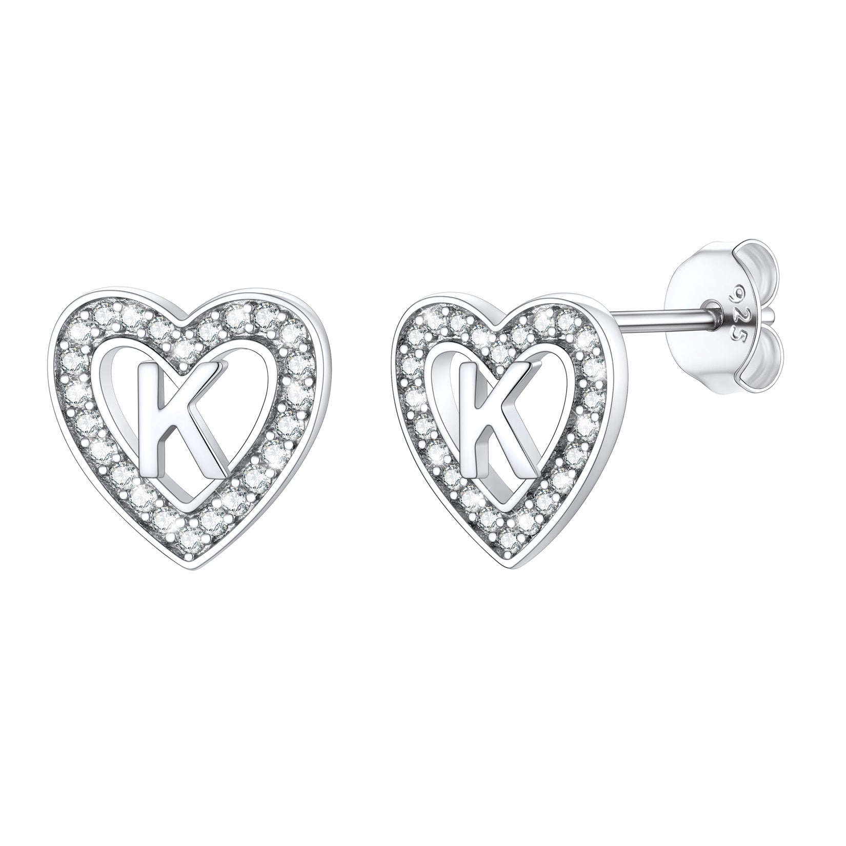 Silver Heart Initial Letter Stud Cubic Zirconia Earrings for Women