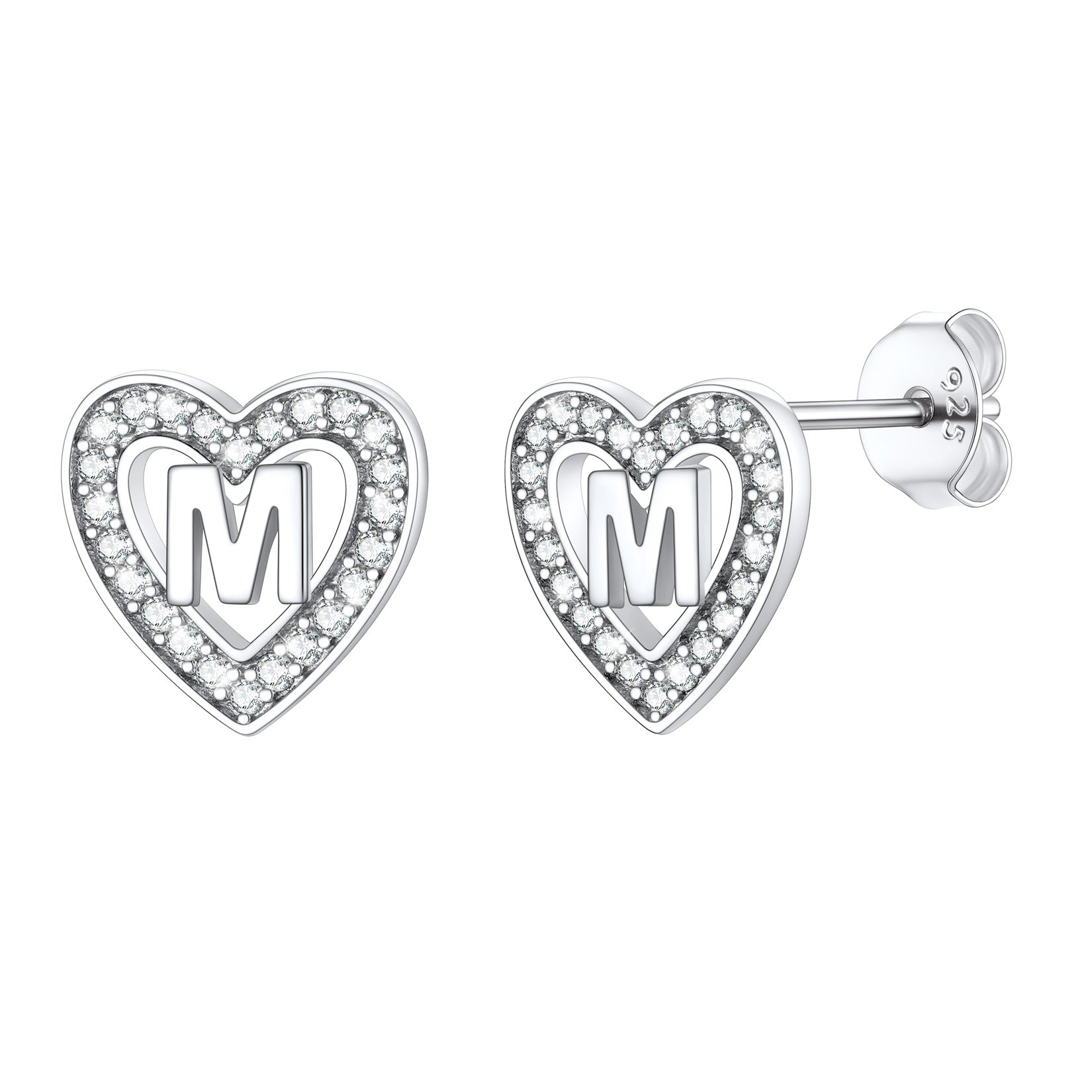 Silver Heart Initial Letter Stud Cubic Zirconia Earrings for Women