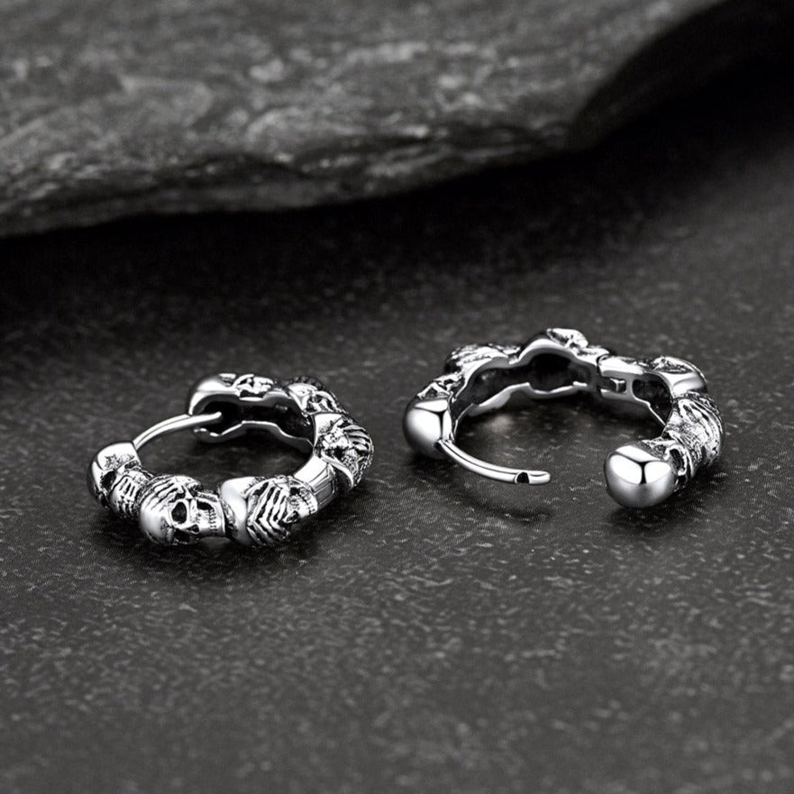 FaithHeart Gothic Skull Sterling Silver Hoop Earrings For Men FaithHeart