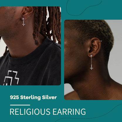 925 Sterling Silver upside down Religious Earring worn by a person with dreadlocks and short hair.