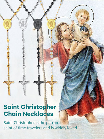 Saint Christopher Rosary Bead Cross Necklace for Women Men