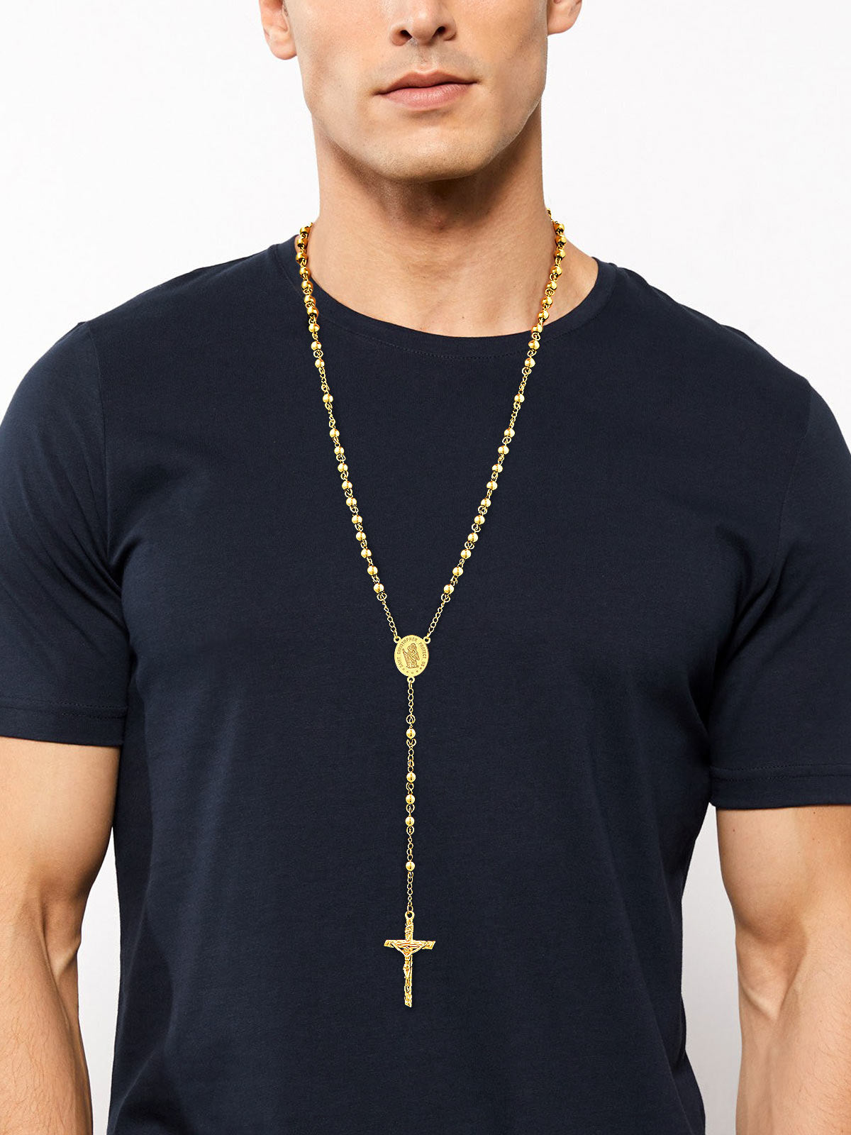 Man wearing a gold Saint Christopher Rosary Bead Cross Necklace