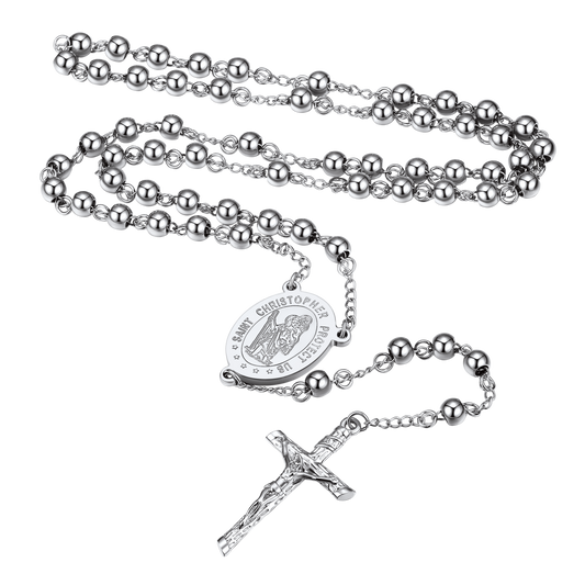 Saint Christopher Rosary Bead Cross Necklace for Women Men