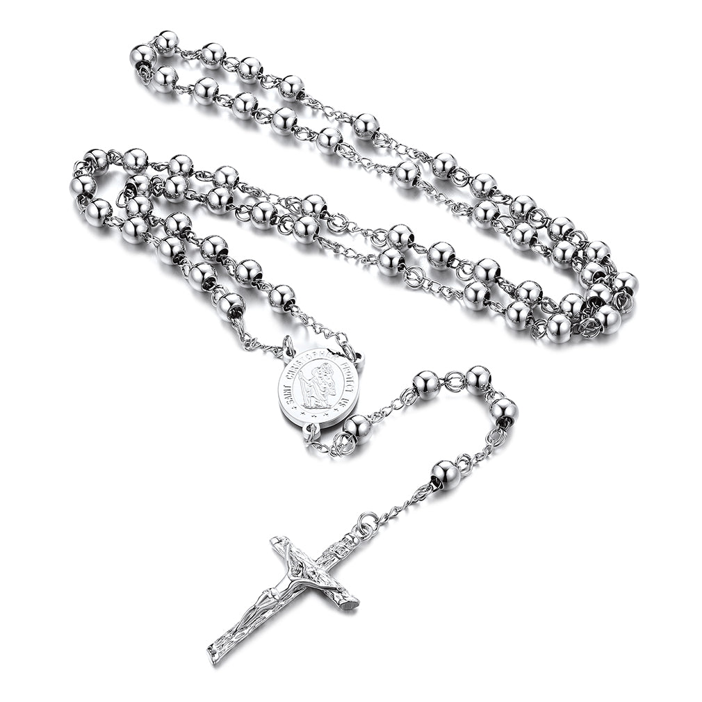 Stainless Steel Rosary Necklace with Cross and Beads
