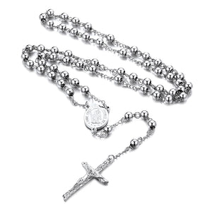 Stainless Steel Rosary Necklace with Cross and Beads