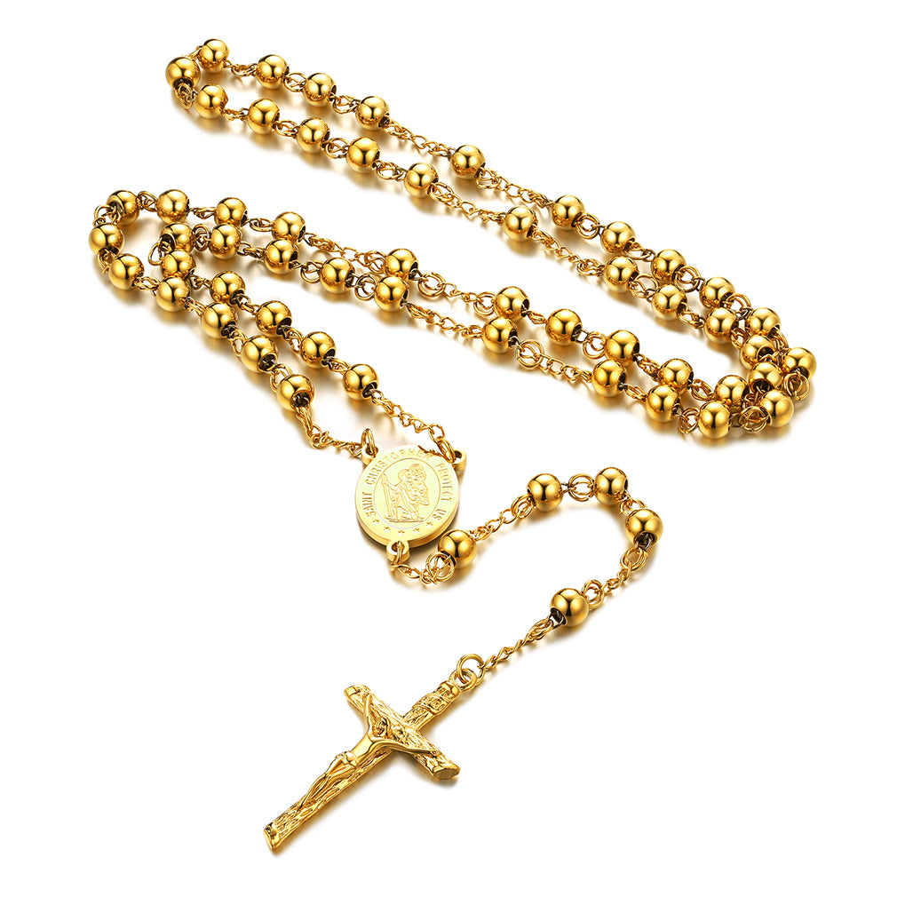 Gold Saint Christopher Rosary Necklace with Cross