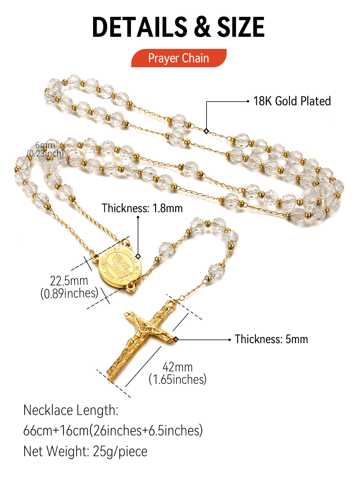 Gold Saint Christopher Rosary Necklace Details