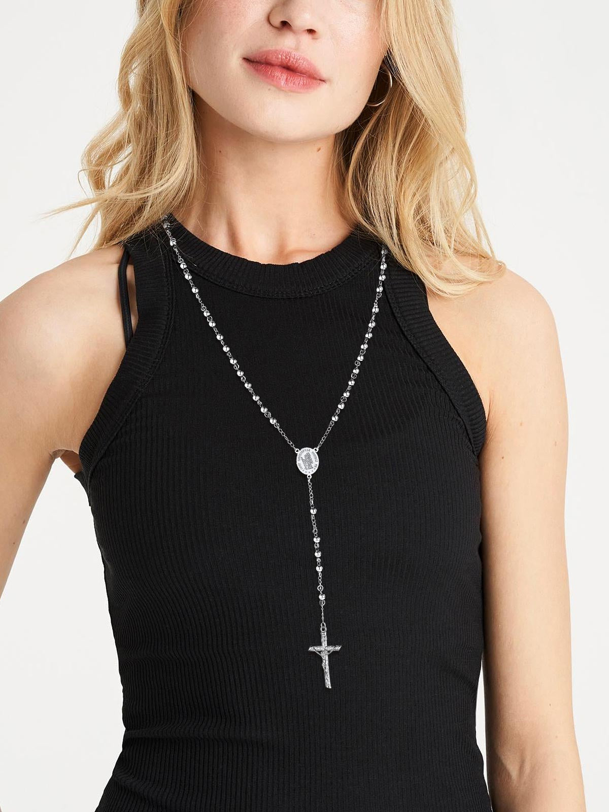 Woman wearing Saint Christopher Rosary Bead Cross Necklace