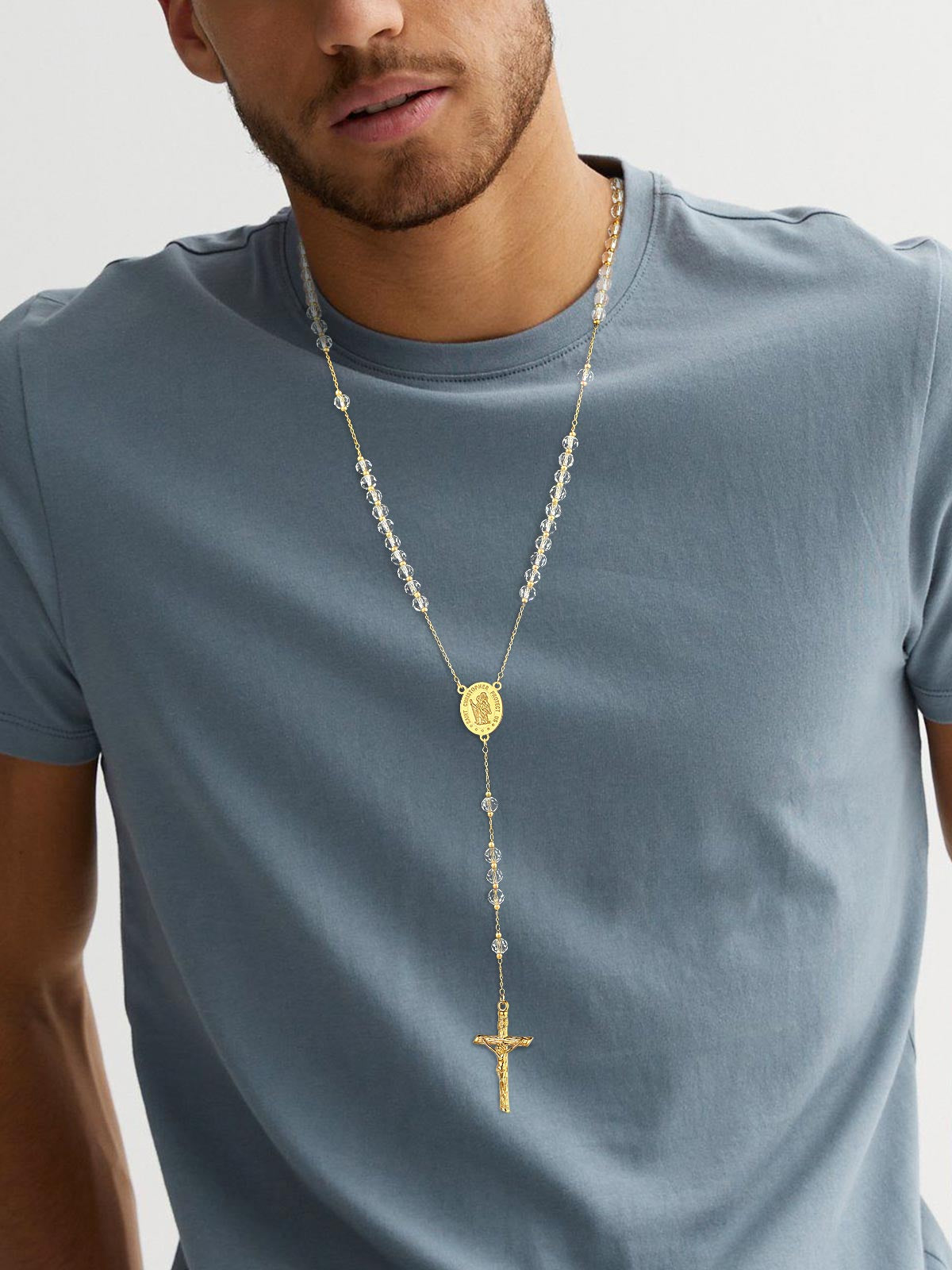 Man wearing Saint Christopher Rosary Bead Cross Necklace