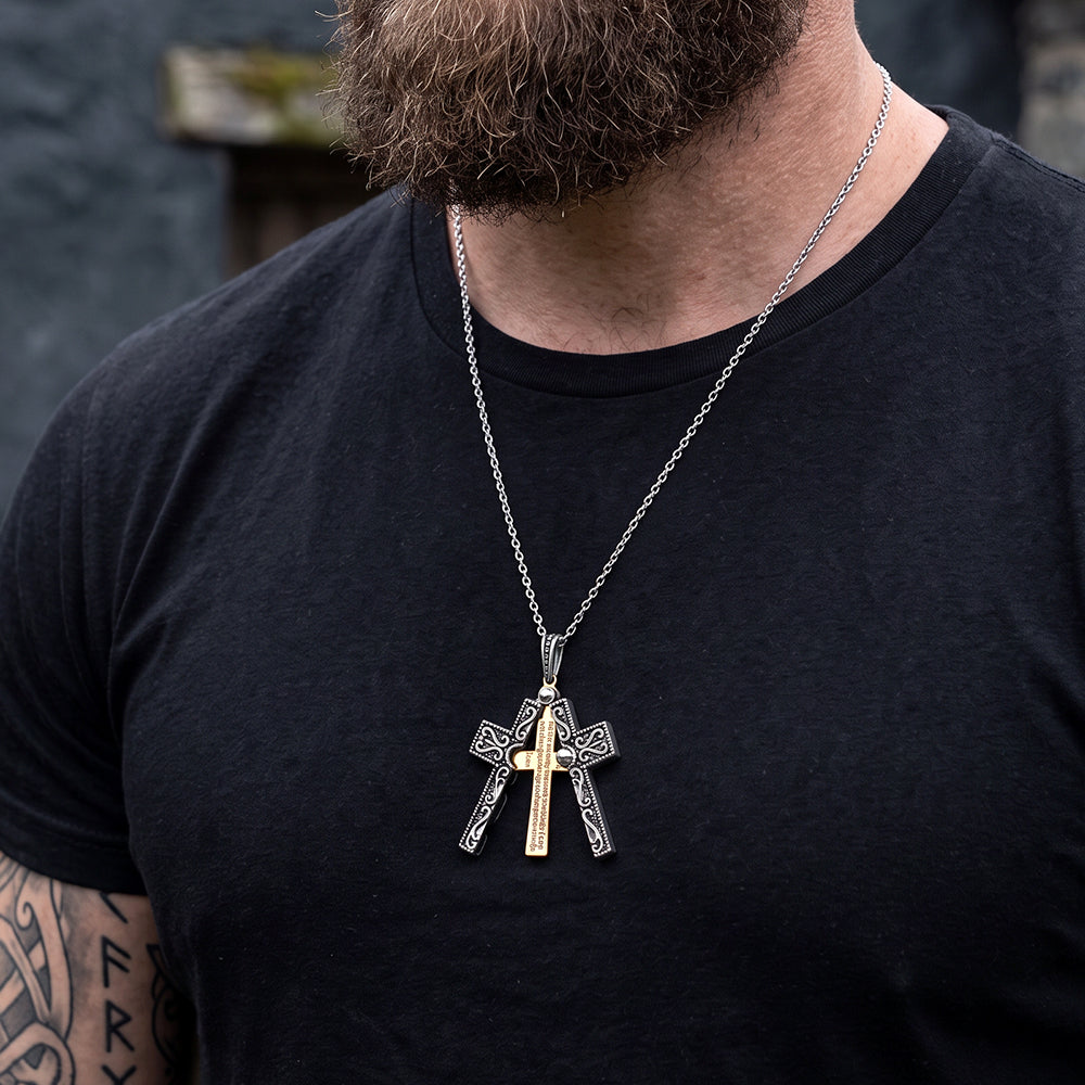 Man wearing Serenity Prayer folding crucifix cross necklace on chest