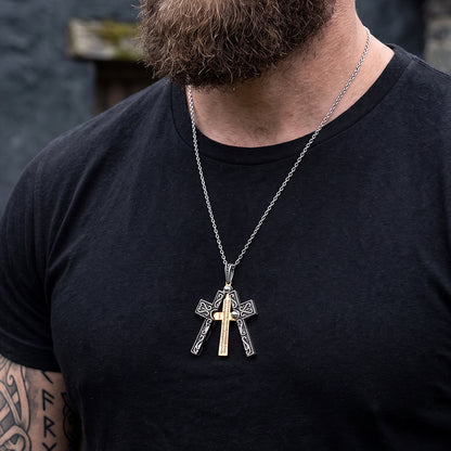 Man wearing Serenity Prayer folding crucifix cross necklace on chest