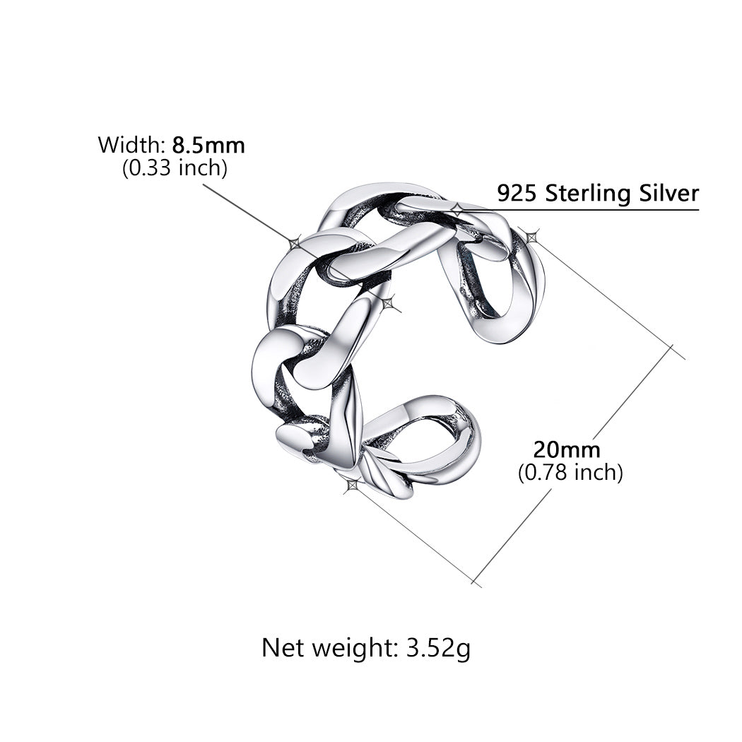 925 Sterling Silver Cuban Chain Open Adjustable Ring for Men Women FaithHeart Jewelry