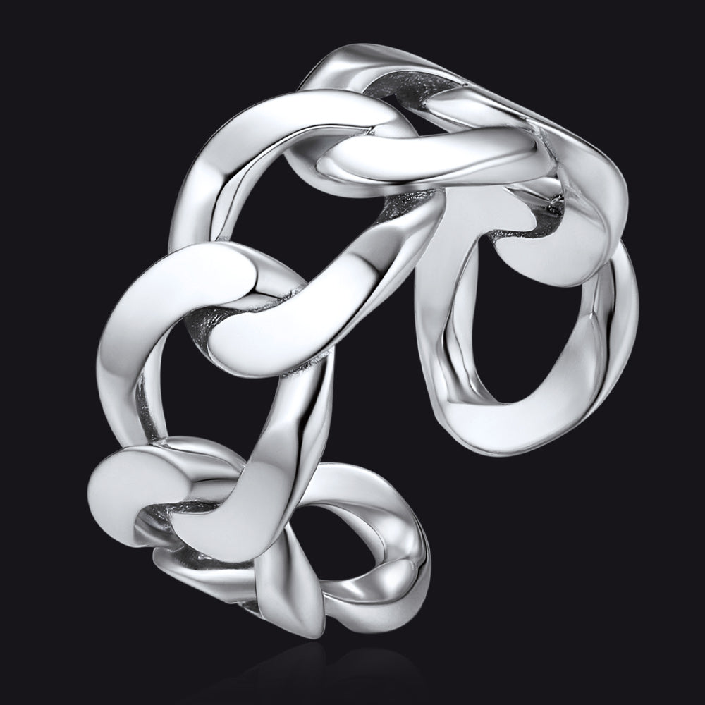 925 Sterling Silver Cuban Chain Open Adjustable Ring for Men Women FaithHeart Jewelry