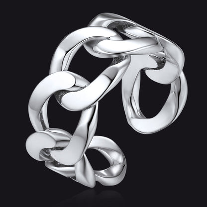925 Sterling Silver Cuban Chain Open Adjustable Ring for Men Women FaithHeart Jewelry