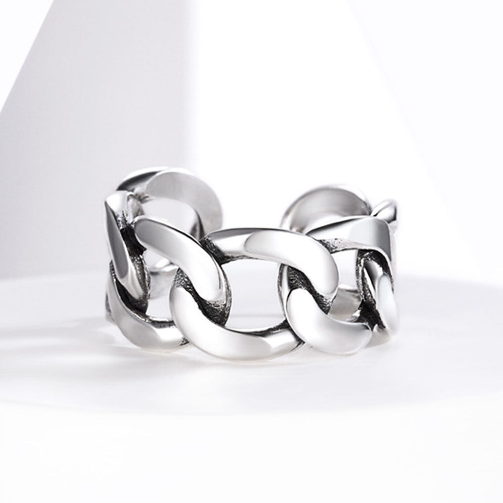 925 Sterling Silver Cuban Chain Open Adjustable Ring for Men Women FaithHeart Jewelry
