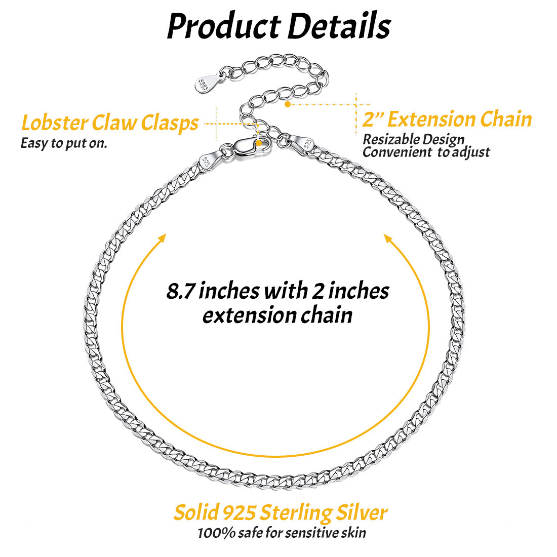 Sterling silver Cuban anklet sizing chart 3mm
