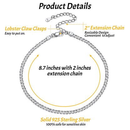 Sterling silver Cuban anklet sizing chart 3mm