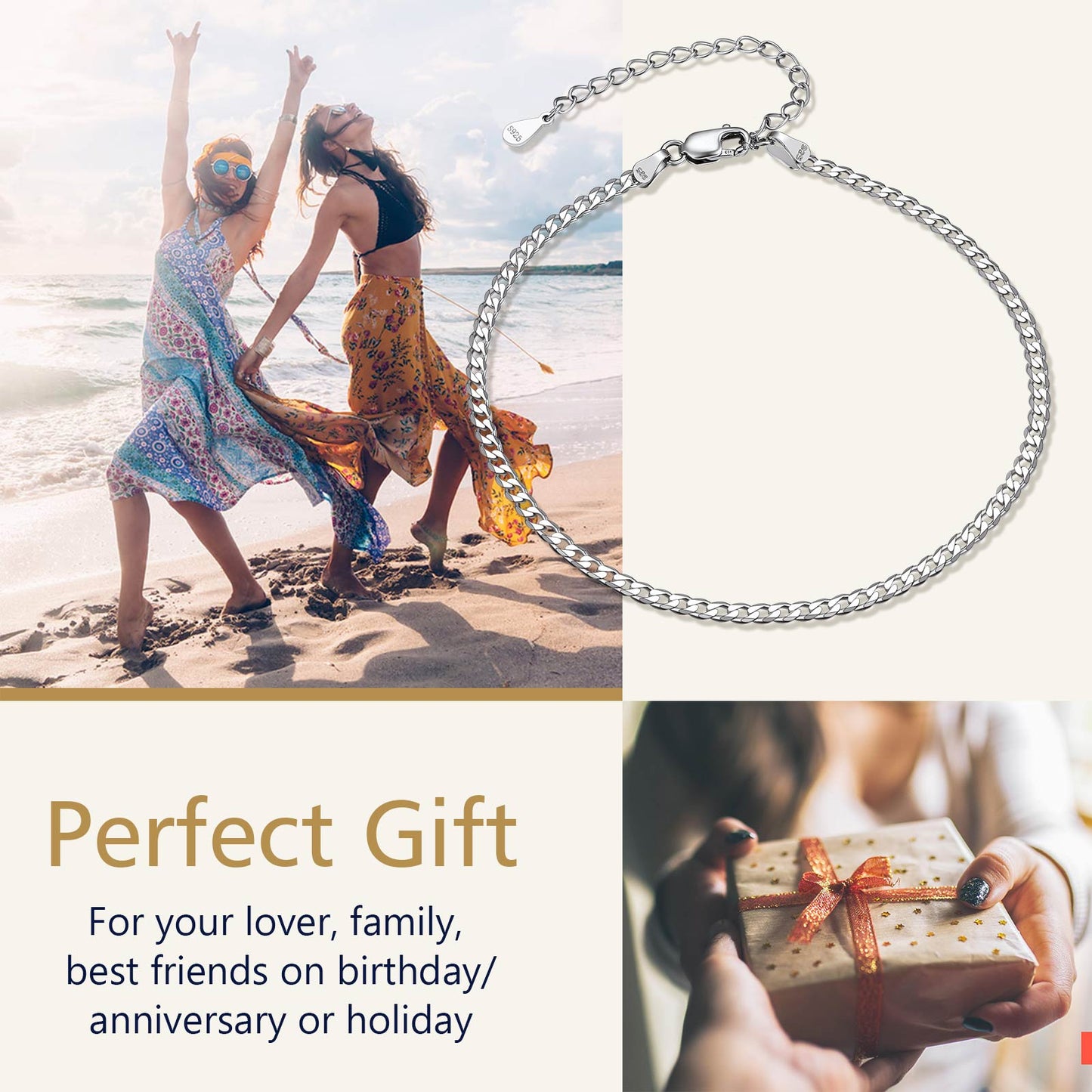 Beach sunset with sterling silver Cuban chain anklet perfect gift