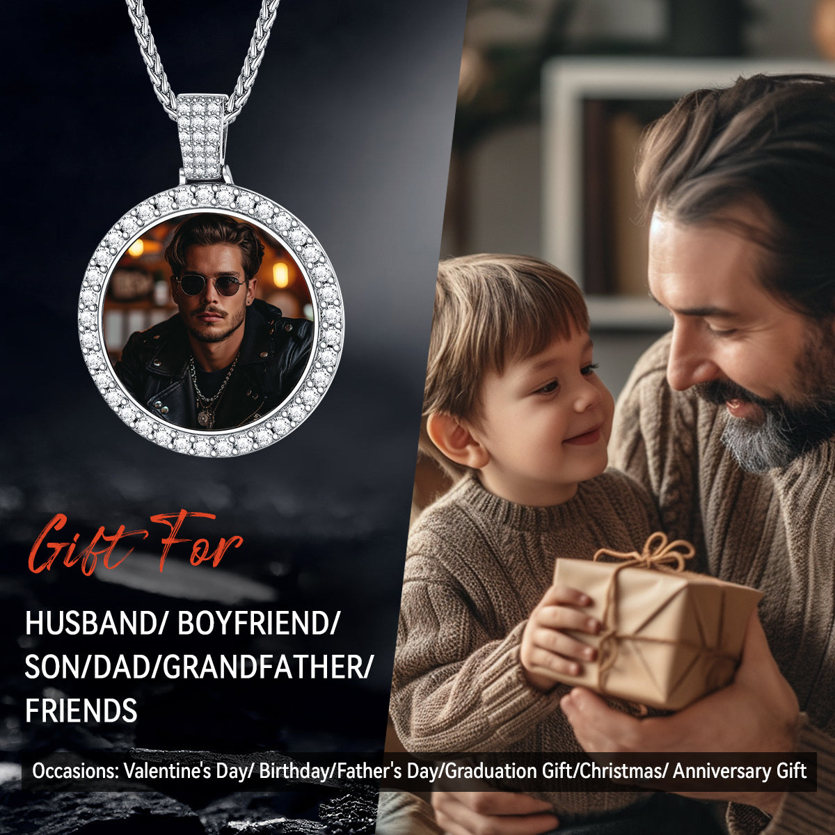 Silver Customized Picture Necklace Memorial Pendant for Men FaithHeart