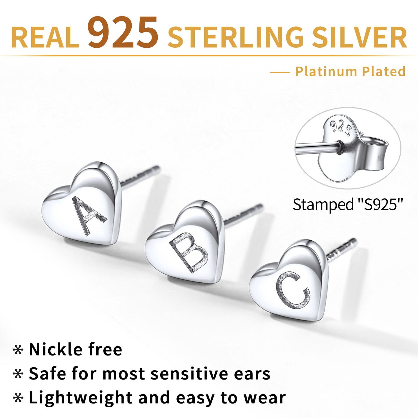 925 Sterling Silver Heart Initial Stud Earrings for Women Men