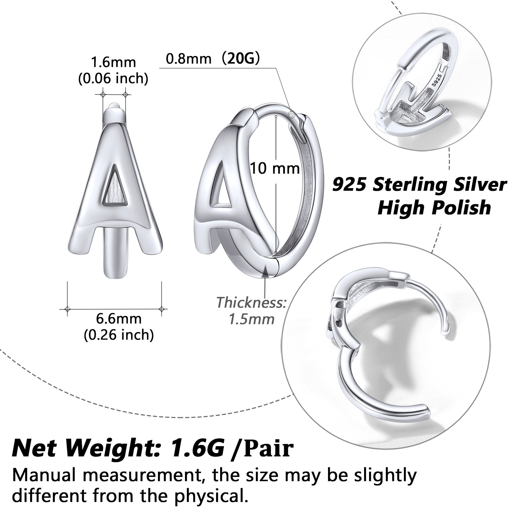 925 Sterling Silver Initial A-Z Hoop Earrings for Women Men