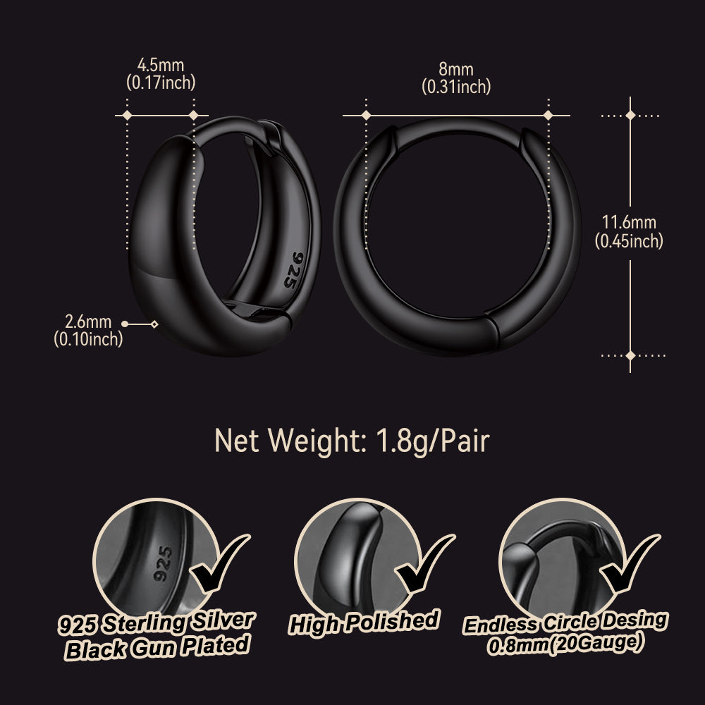 Black hoop earrings with measurements and material details on a black background