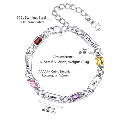 Silver-toned cuban chain bracelet with engraved names and colored zirconia stones, shown with measurement labels and product details on a white background.