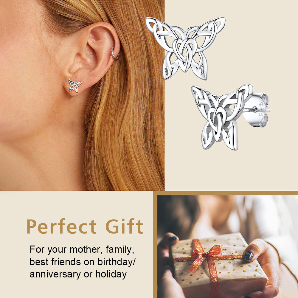 Silver Celtic Butterfly Stud Earrings for Women