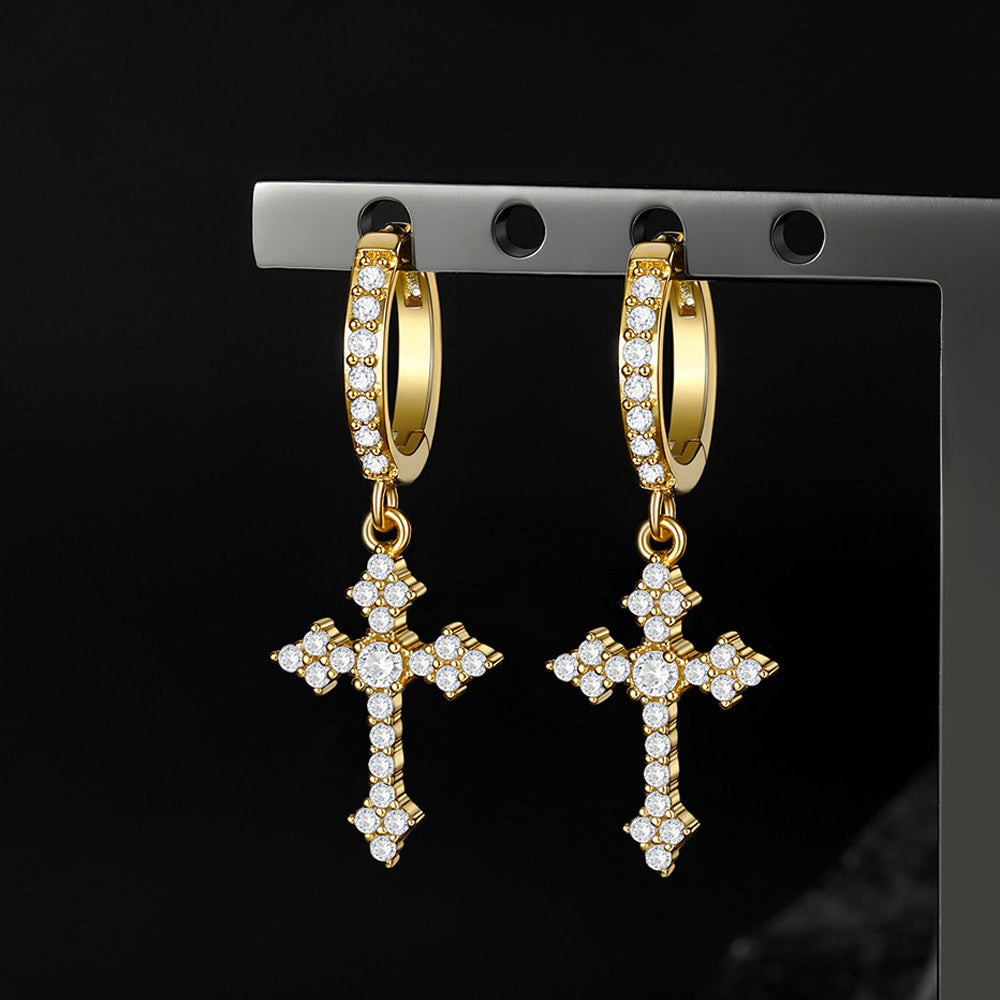 Sparkling Cubic Zirconia Cross Dangle Hoop Earrings for Men
