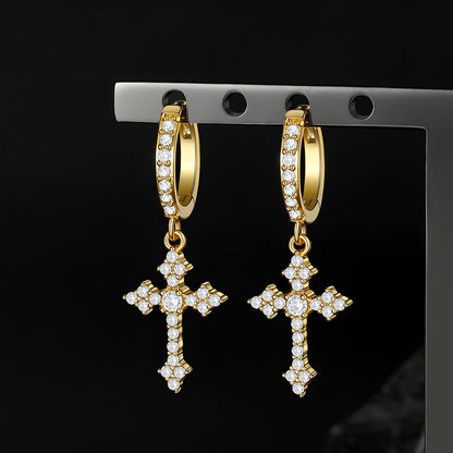 Sparkling Cubic Zirconia Cross Dangle Hoop Earrings for Men