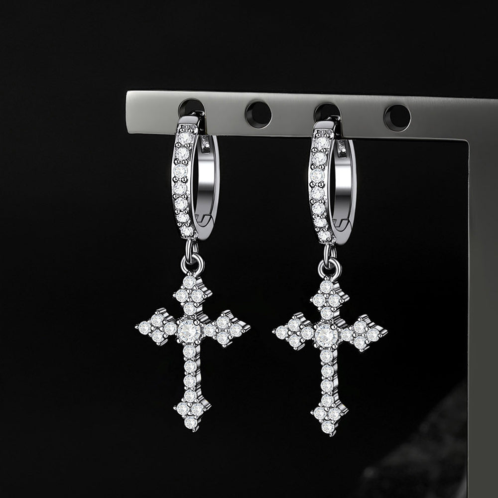 Sparkling Cubic Zirconia Cross Dangle Hoop Earrings for Men
