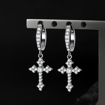 Sparkling Cubic Zirconia Cross Dangle Hoop Earrings for Men