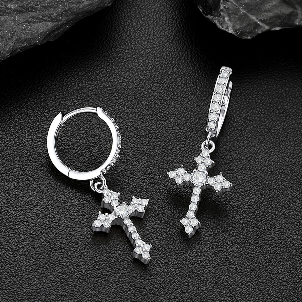 Sparkling Cubic Zirconia Cross Dangle Hoop Earrings for Men