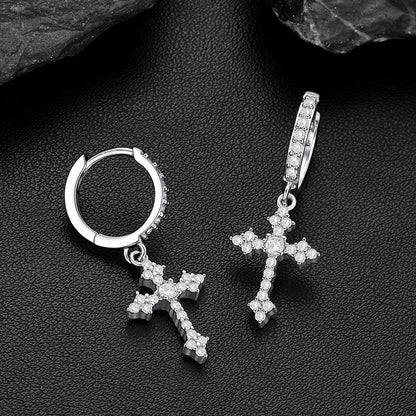 Sparkling Cubic Zirconia Cross Dangle Hoop Earrings for Men