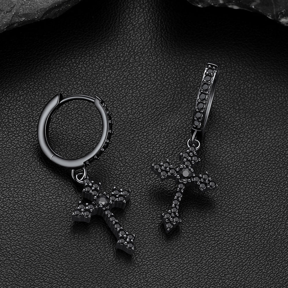 Black Sparkling Cubic Zirconia Cross Dangle Hoop Earrings for Men