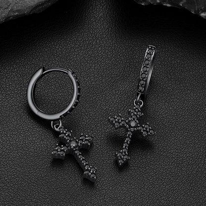 Black Sparkling Cubic Zirconia Cross Dangle Hoop Earrings for Men